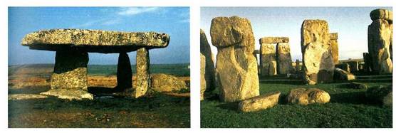 Ezkerrean, Lanyon Quoit-eko dolmena (Cornwall, Ingalaterra). Eskuinean, Stonehenge-ko megalito multzoa (Ingalaterra).<br><br>